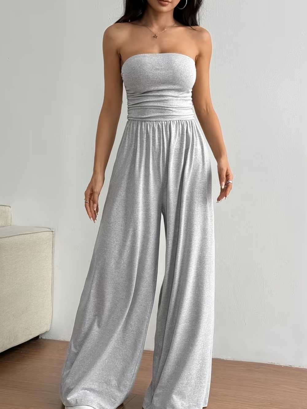 Gray Strapless Wide-Leg Jumpsuit